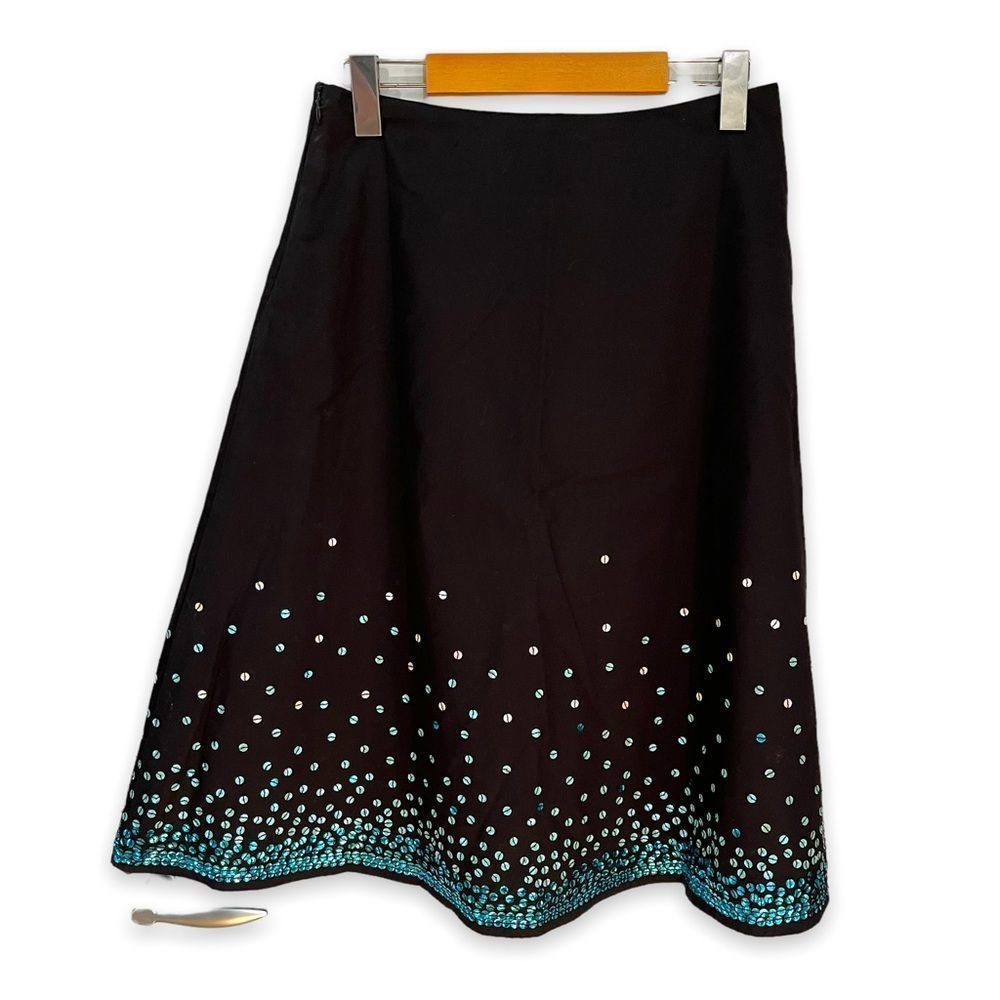 Black A-Line Skirt with Teal Sequin Hem